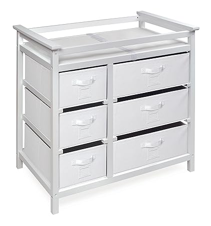 Badger Basket Modern Baby Changing Table - Diaper Station Organizer with 6 Storage Drawers, Reversible Baskets, Safety Rails - Baby Nursery Furniture with Changing Pad and Belt - White Visit the Badger Basket Store